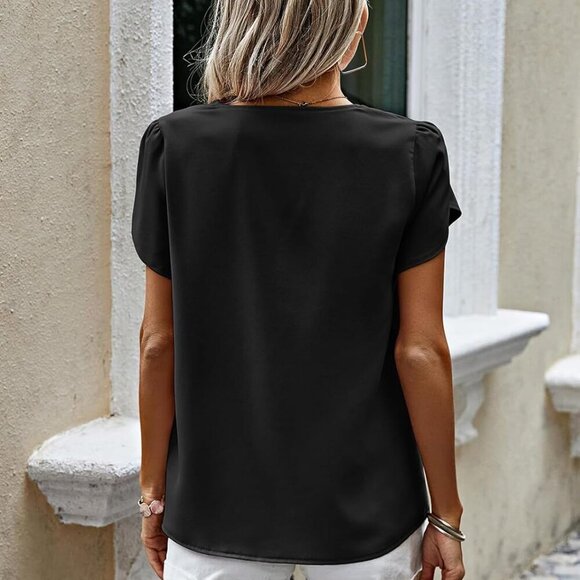 Short Sleeve Women's Blouse - Black, Small, Chiffon, Casual Dressy Spring Summer - Picture 2 of 7